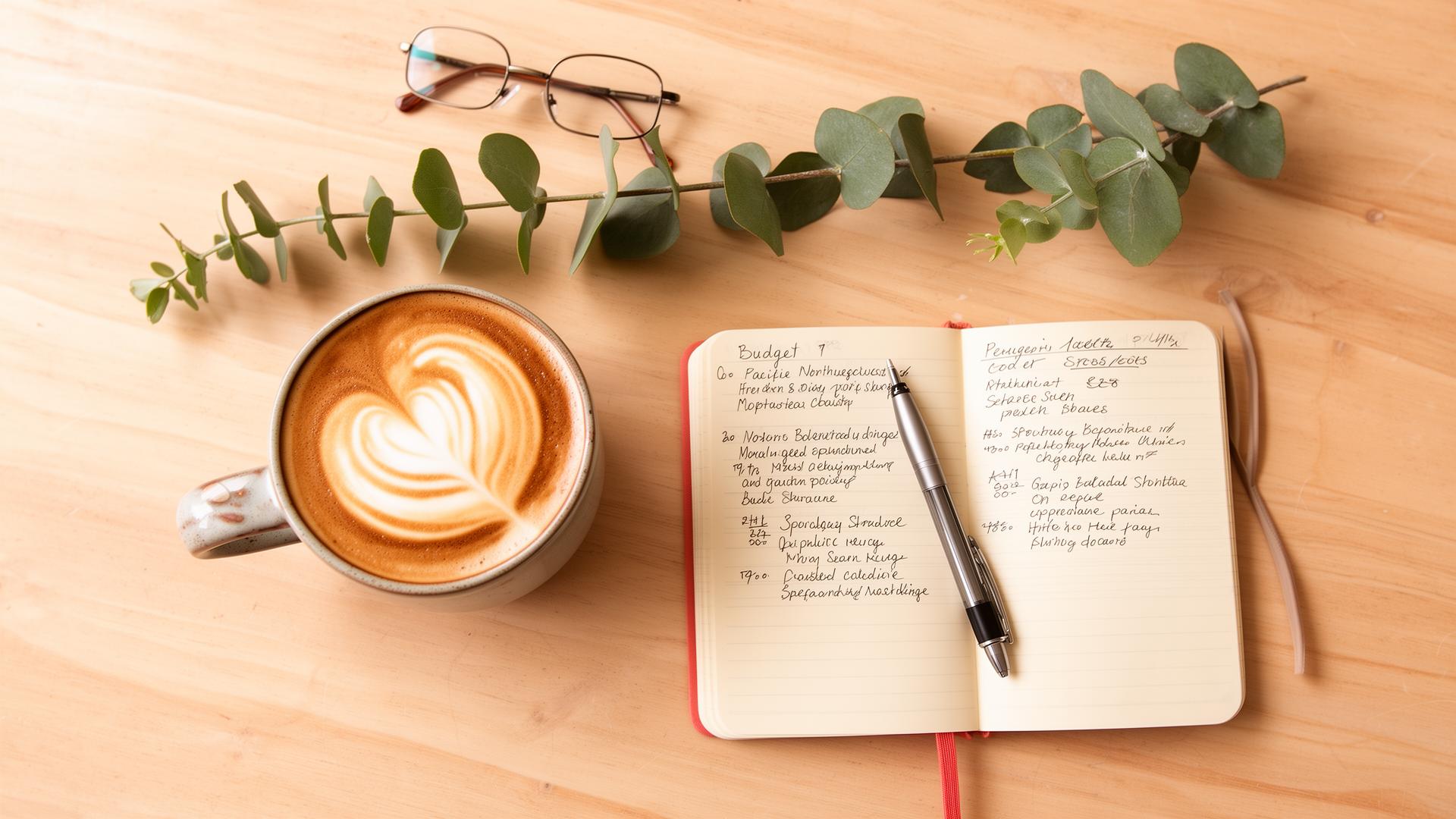 A cozy coffee, notebook, and planning flatlay